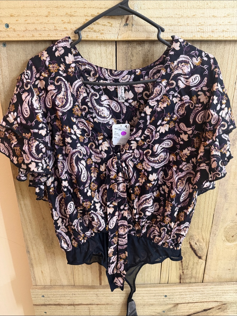 Free People Black and Pink Paisley Tie-Front Blouse